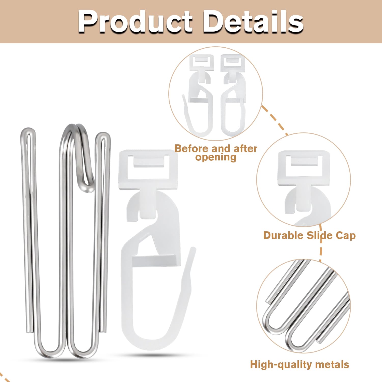 Set di 80 ganci per tende a 4 denti in acciaio inox, 40 ganci pieghevoli per tende, 40 ganci per tende, ganci per tende, accessori decorativi (5,8-7 mm)