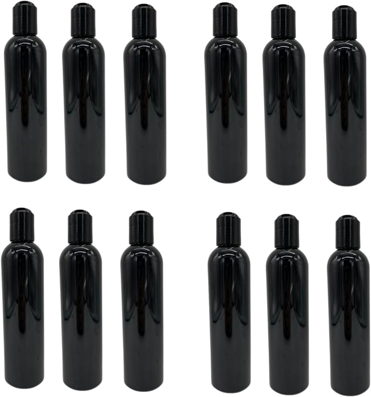 Natural Farms 8 oz Black Cosmo Plastic Bottles -12 Pack Empty Bottle Refillable - BPA Free - Essential Oils - Aromatherapy | Black Press Down Disc Cap - Made in the USA