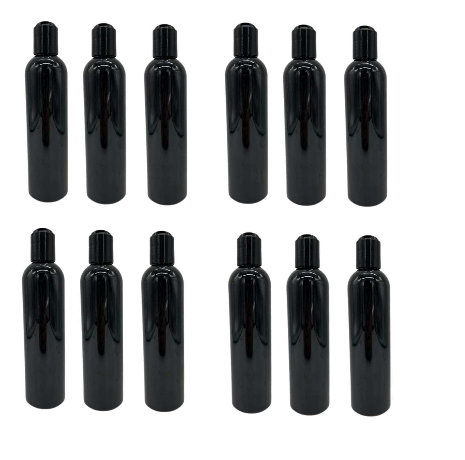 Natural Farms 8 oz Black Cosmo Plastic Bottles -12 Pack Empty Bottle Refillable - BPA Free - Essential Oils - Aromatherapy | Black Press Down Disc Cap