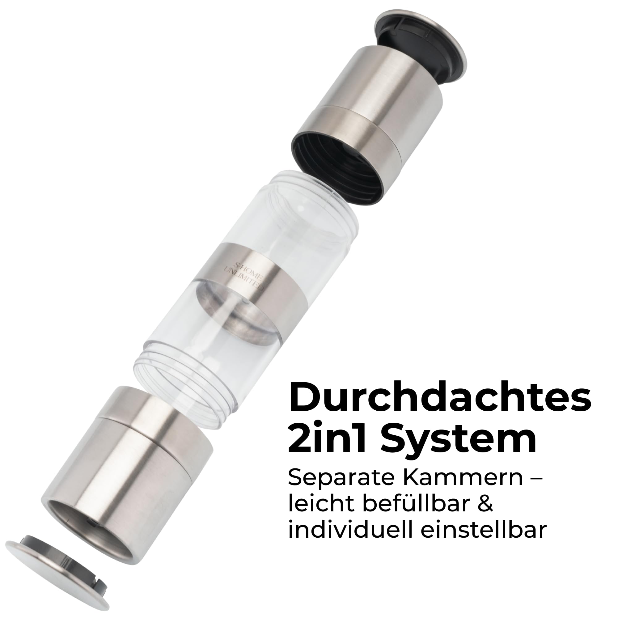 Salz- und Pfeffermühle 2in1 - Edelstahl Gewürzmühle | Mit hochwertigem Keramikmahlwerk | Stufenlos einstellbarer Mahlgrad | Ideal für Salz, Pfeffer & Gewürze