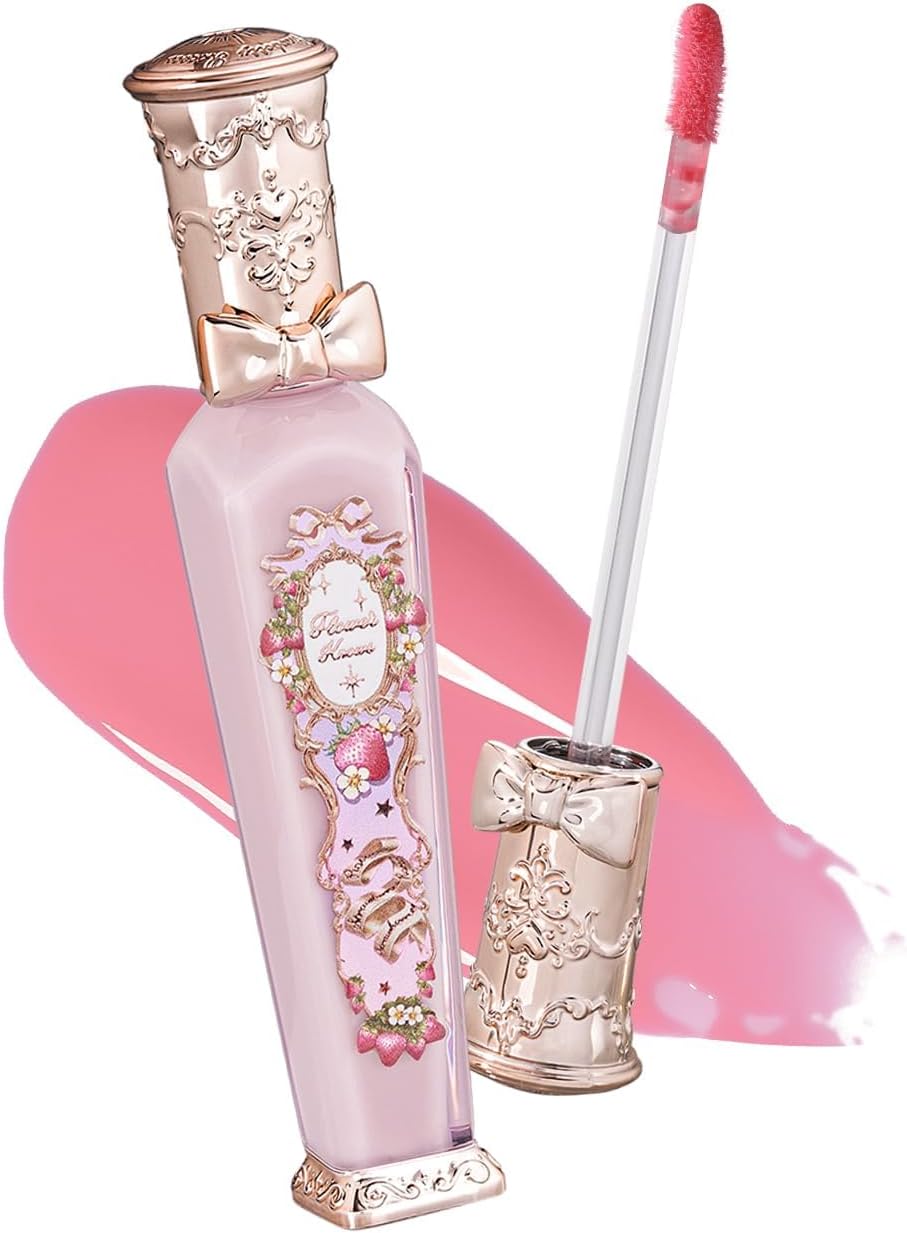 Flower Knows Violet Strawberry Rococo Glowy Lip Gloss,Moisturizing Baby Pink Plumping Lip Oil,Hydrating Lip Tint for Girls&Women,Vegan & Cruelty-Free,0.12 Fl Oz(G01 Strawberry Macaron)
