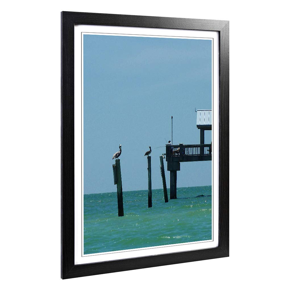 Big Box Art Framed Print of Fishing Pier with Pelicans Seascape Design | Wall Art Picture | Home Decor for Kitchen, Living Room, Bedroom, Hallway, Black, A2 / 24.5x18 Inch / 62x45cm