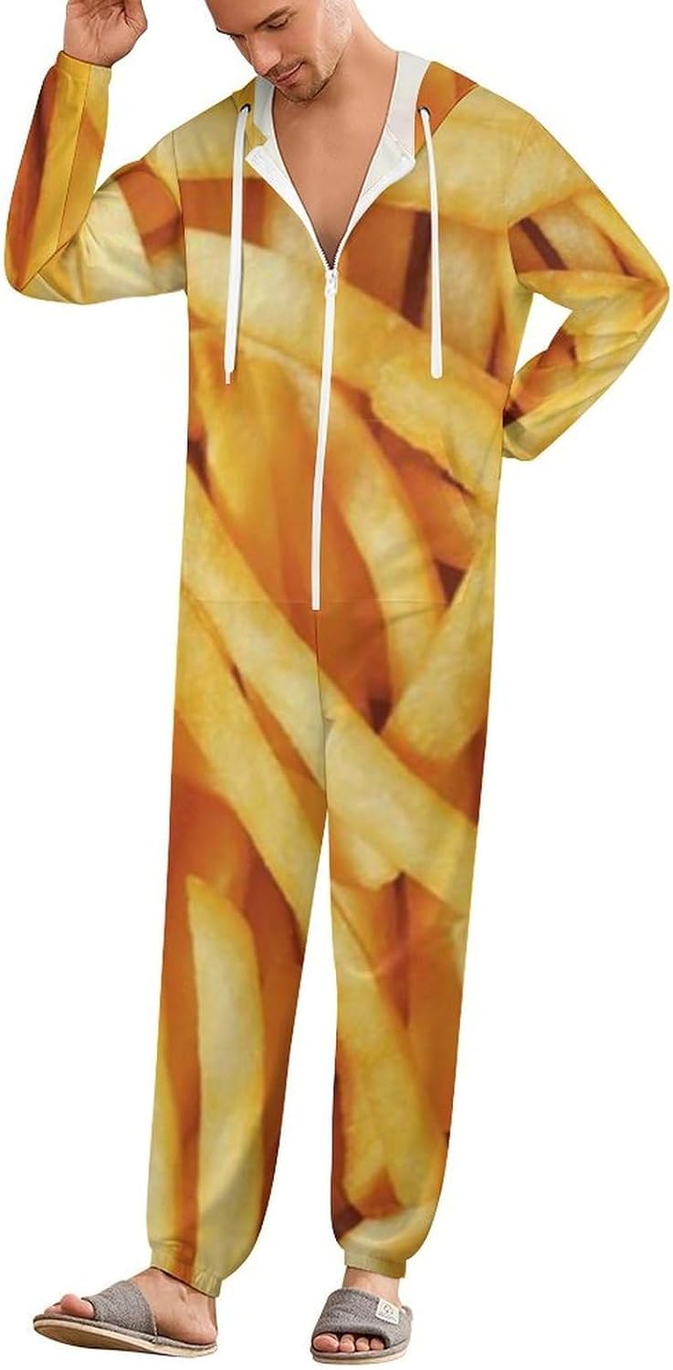 Frying French Fries Adult Pajamas Onesie with Hood Pocket Jumpsuits One Piece Sleepwear
