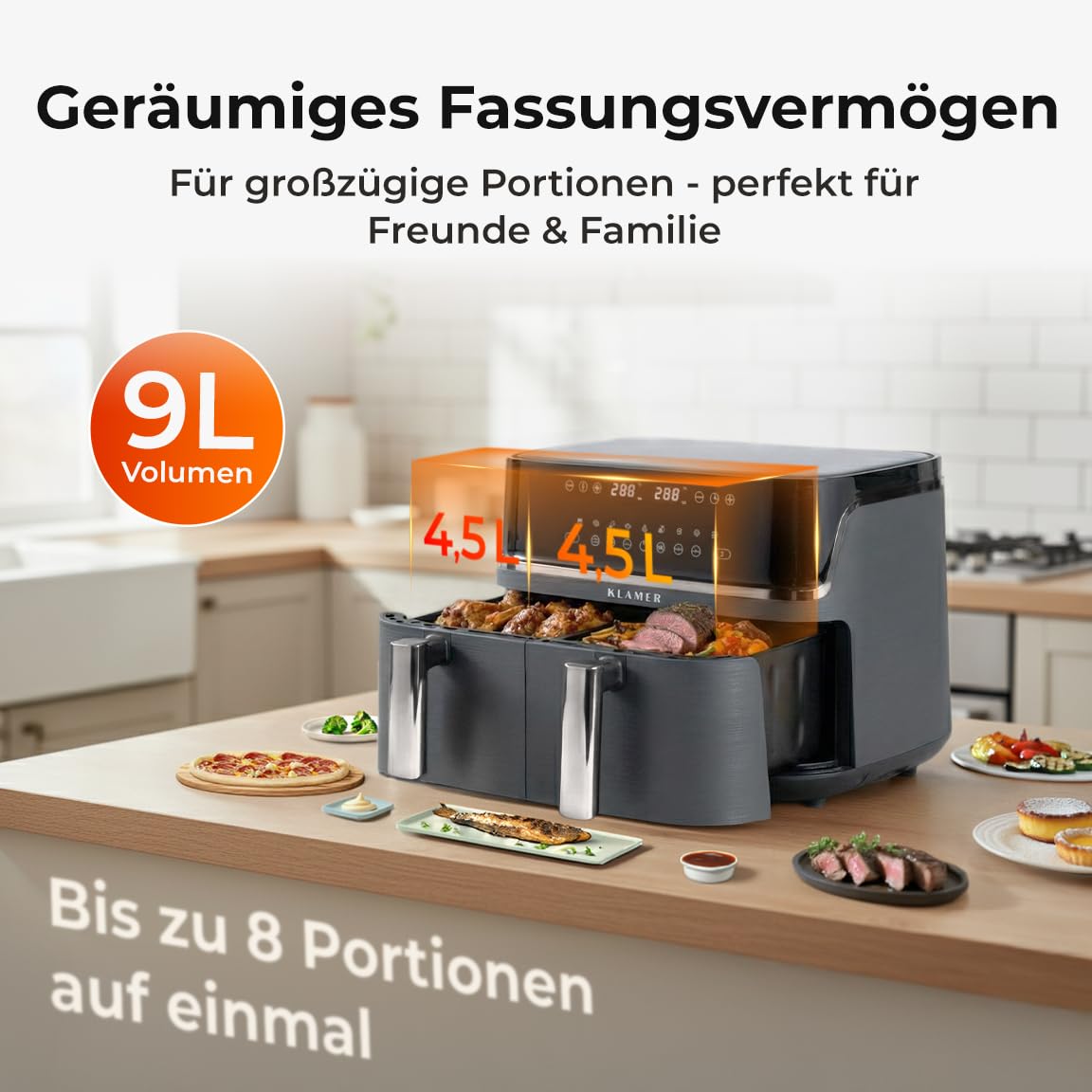 KLAMER Heißluftfritteuse Duo 9 L – Doppelkammer Airfryer mit 2 Körben & Digitaldisplay, 10 Automatikprogramme, Dual-Funktion, Timer, 3000 W Heißluft-Zirkulation, spülmaschinengeeignet