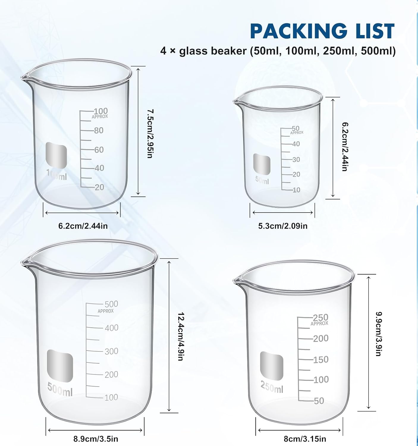 FOUR E'S SCIENTIFIC Glass Beaker Set, 10-Piece Labware Kit | Borosilicate Glass Beaker 50/100/250/500mL, Graduated Cylinder 5/10/25/50mL, 2 Stirring Rods
