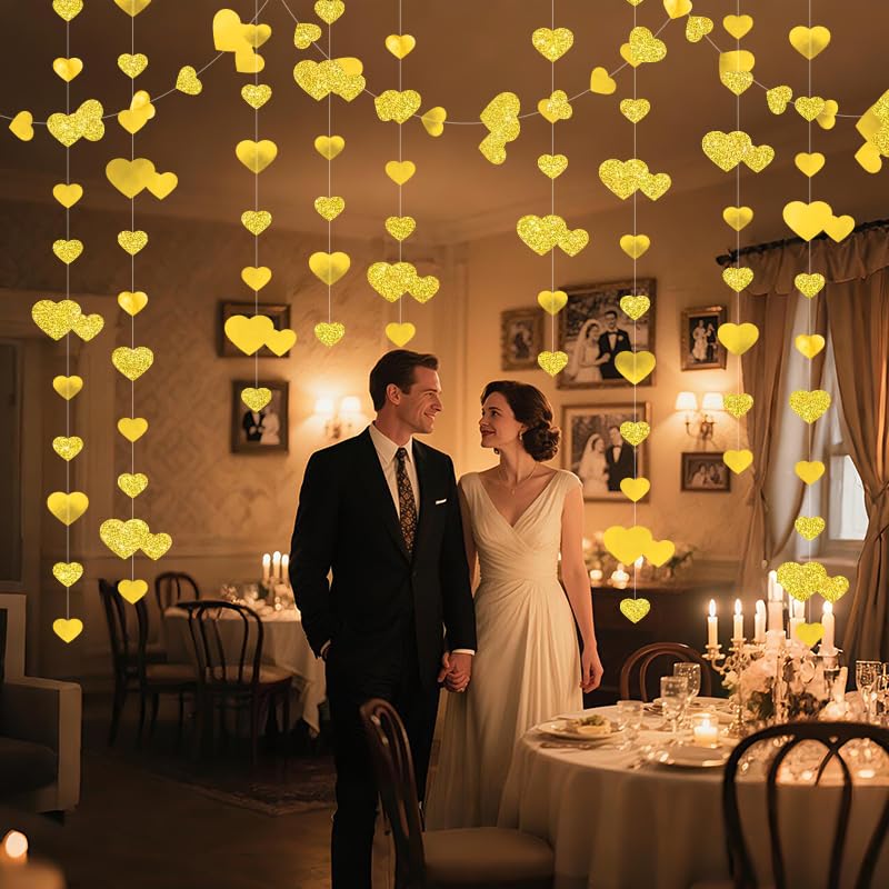 Image of Gold Heart Garland Hanging Sparkling Love Streamer Glitter Bunting Banner Twinkle Heart Backdrop for Wedding Engagement Valentines Galentines Birthday Party Decor 40 Feet