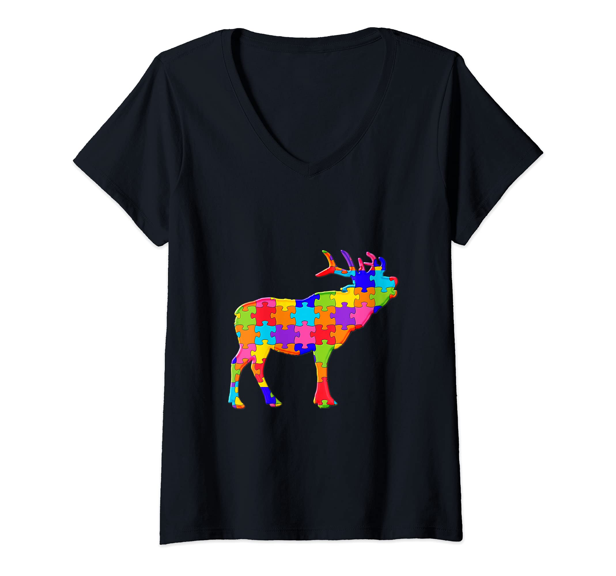 Womens Antler moose Reindeer Deer Jigsaw Autism Puzzle V-Neck T-Shirt