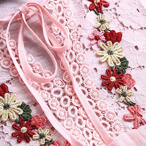Plus Size Blouse Women Vintage Lace Patchwork Bow V-Neck Embroidery Summer Three Quarter Retro Solid Tops T-Shirt S-5Xl Pink #TOP5