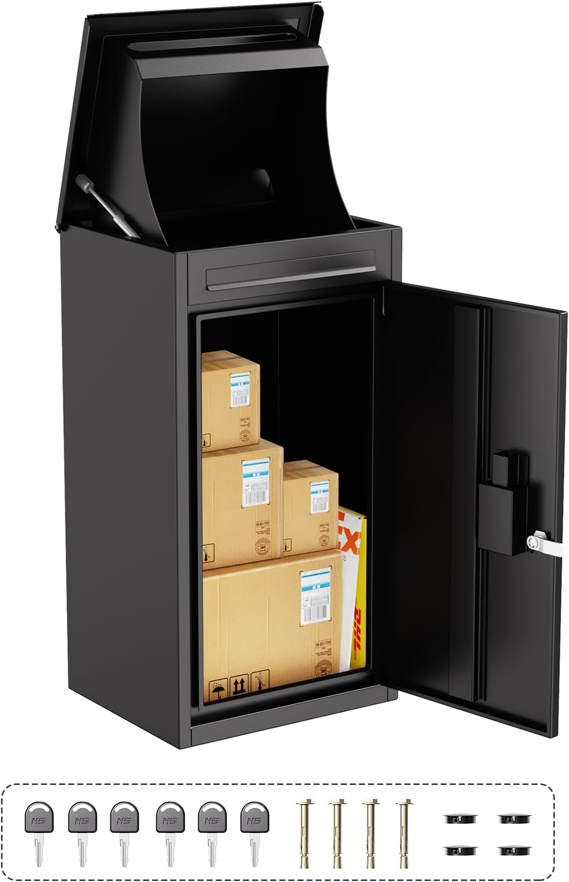 Merapi Parcel Drop Boxes for Outside, 16" x 13.27" x 29.84" Cold-Rolled Steel Package Delivery Boxes, Anti-Theft Lockable Parcel Storage Box for House, Porch, Curbside, Black