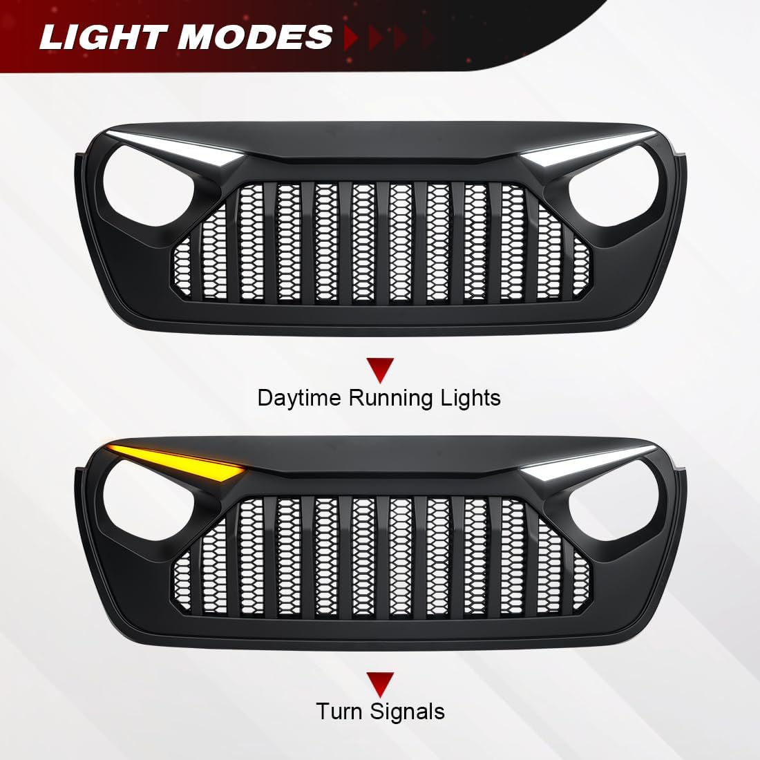 Front Grill Vader Grille Compatible with 2018-2026 Jeep Wrangler JL JLU & 2020+ Gladiator JT, w/DRL Turn Signal Lights, Matte Black