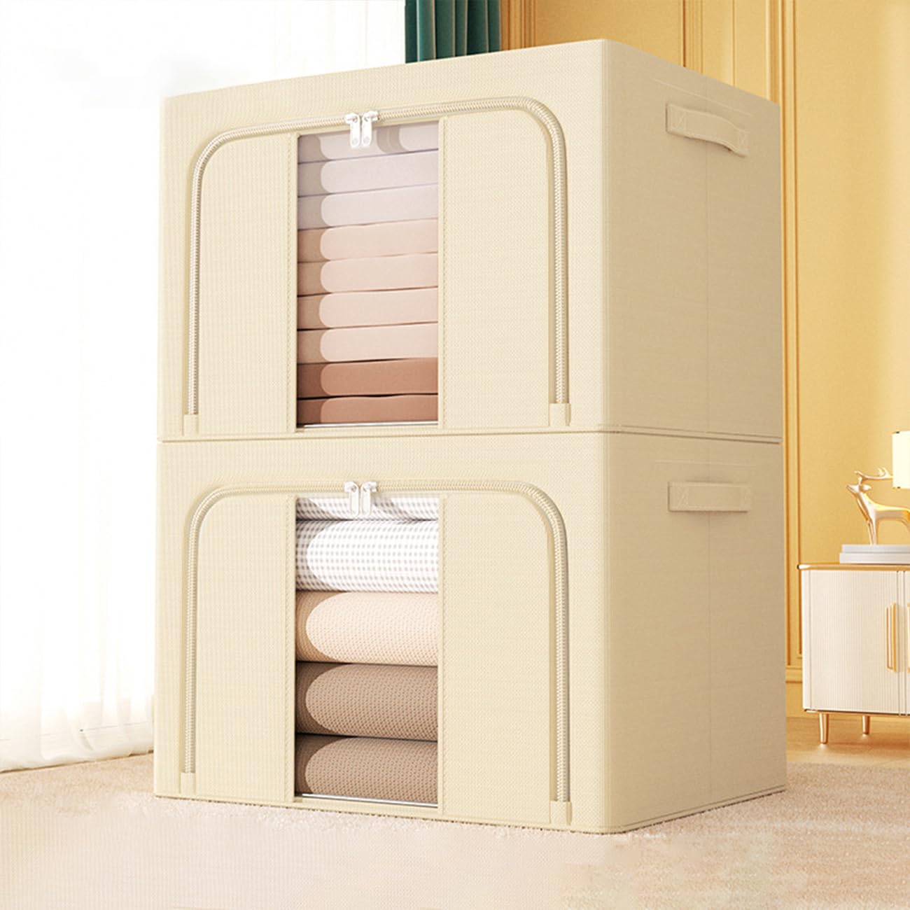 Clothes Storage Box 100L, Oxford Fabric Foldable Stackable Clothes Storage Box with Window and Handle, Can Store Bedding, Blankets, Toys, Books (2 pack, Khaki【100L】)