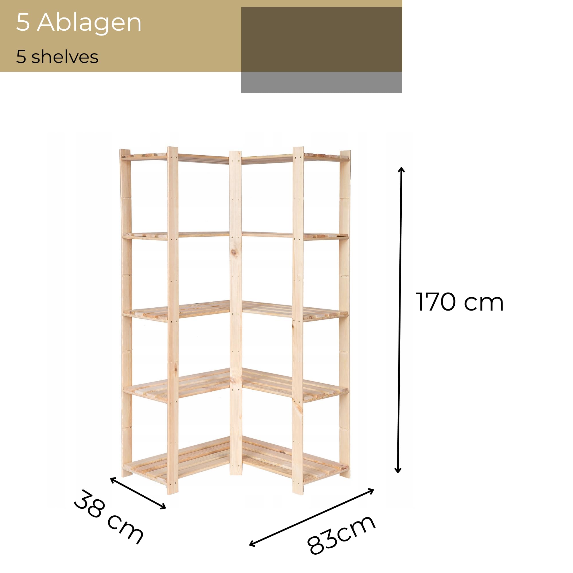 Holzregal Eckregal 170x83x38 cm (HxBxT) Standregal Natur Lagerregal mit 5 Ablagen Stehend Garage Regal Keller Wohnzimmer Kiefernholz Badregal Pflanzenständer