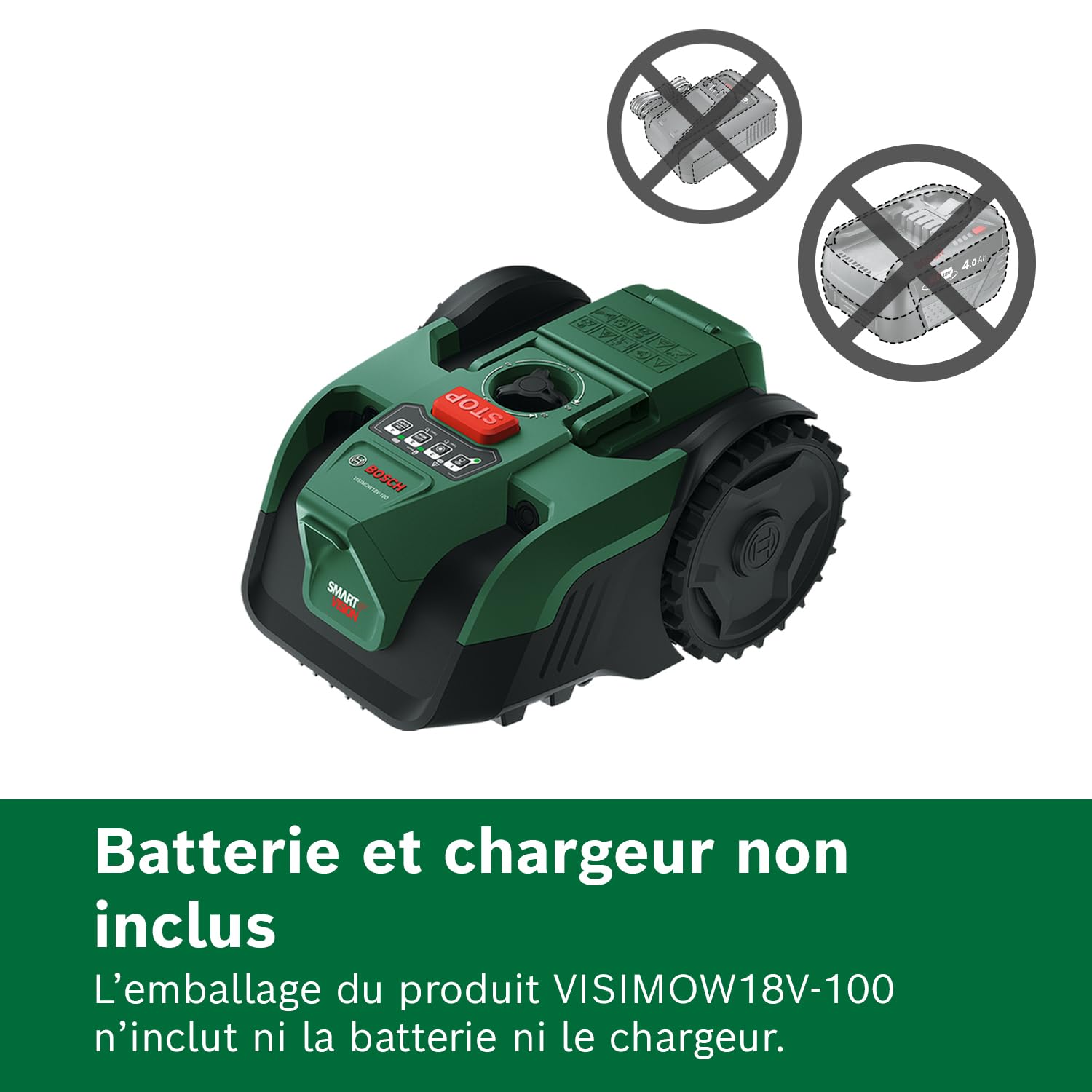 Bosch Tondeuse Robot sans-Fil VISIMOW18V-100 (pour pelouses Jusqu’à 100 m², Largeur de Coupe: 16 cm, Hauteur de Coupe: 20-60 mm, sans Batterie)
