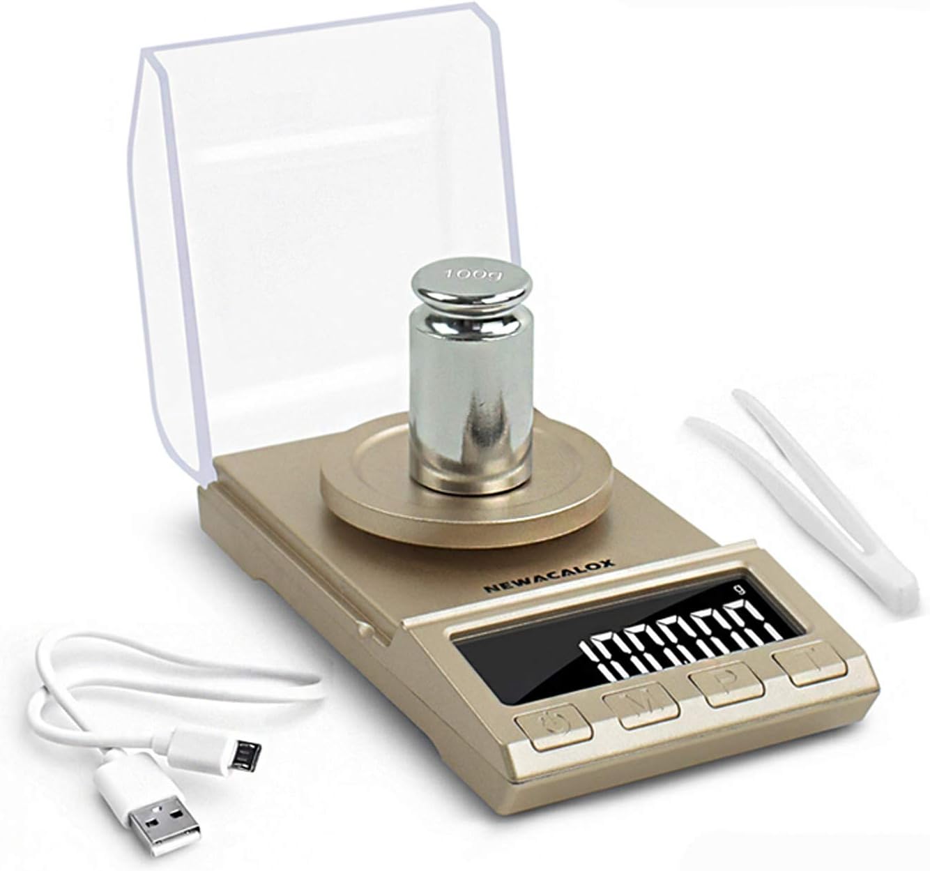 200G Digital Milligram Scale, High Sensitivity Small Portable Pocket Reloading Weighing Jewelry Power MG 200 x 0.001g Scale with 100g Calibration Weights Gold