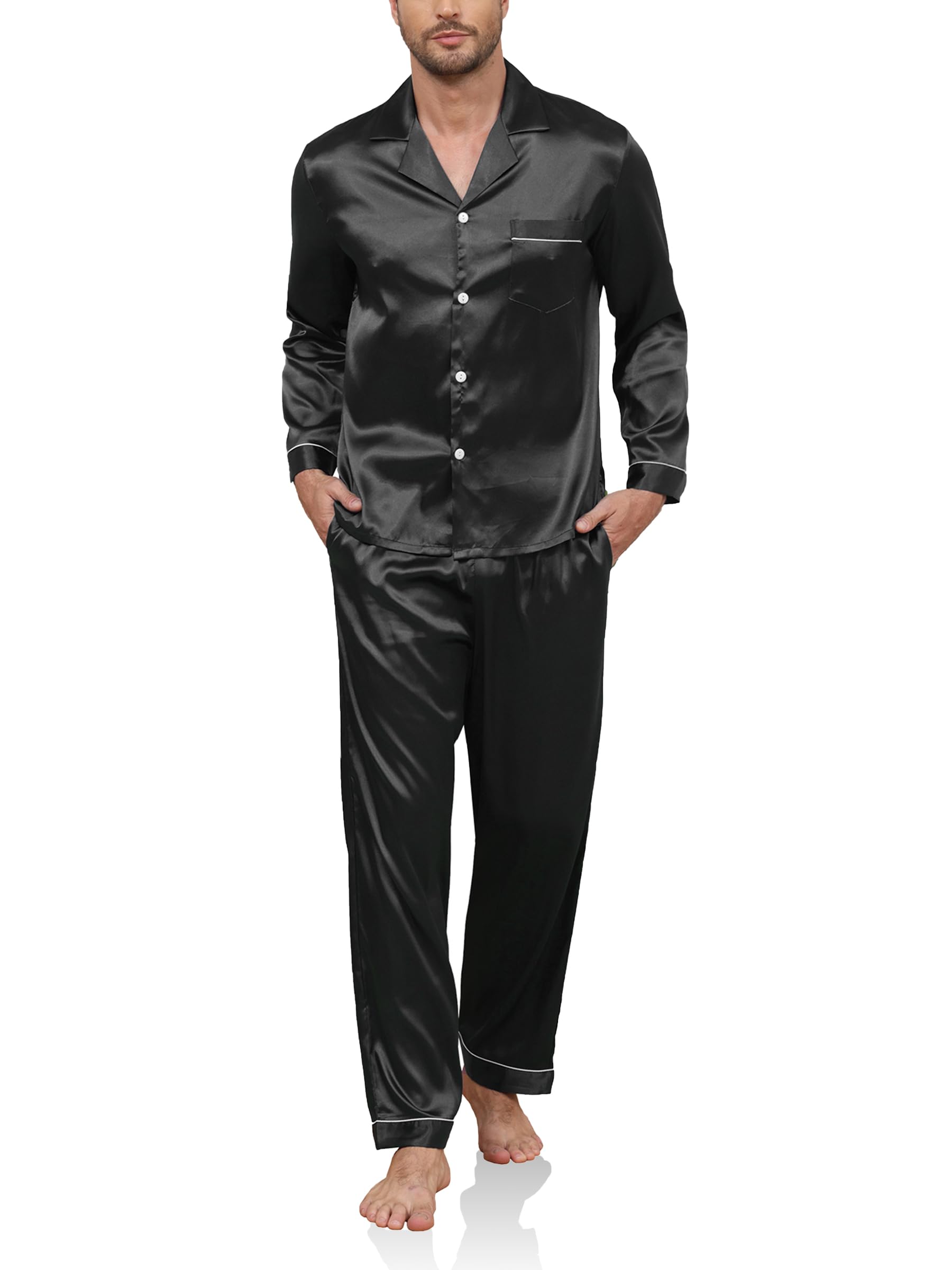Reliwel Men's Black-Long Silk Pyjamas Two Pieces Pyjamas For Long Sleeve Button Down Sleepwear Notch Collar Loungewear Breathable Nightwear Pjs Black S