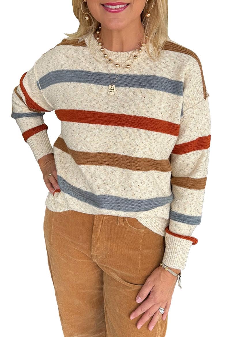 Apvirdy Womens Multicolor Striped Sweater Crewneck Long Sleeve Exposed Seam Knit Pullover Tops Heathered Knit Sweater