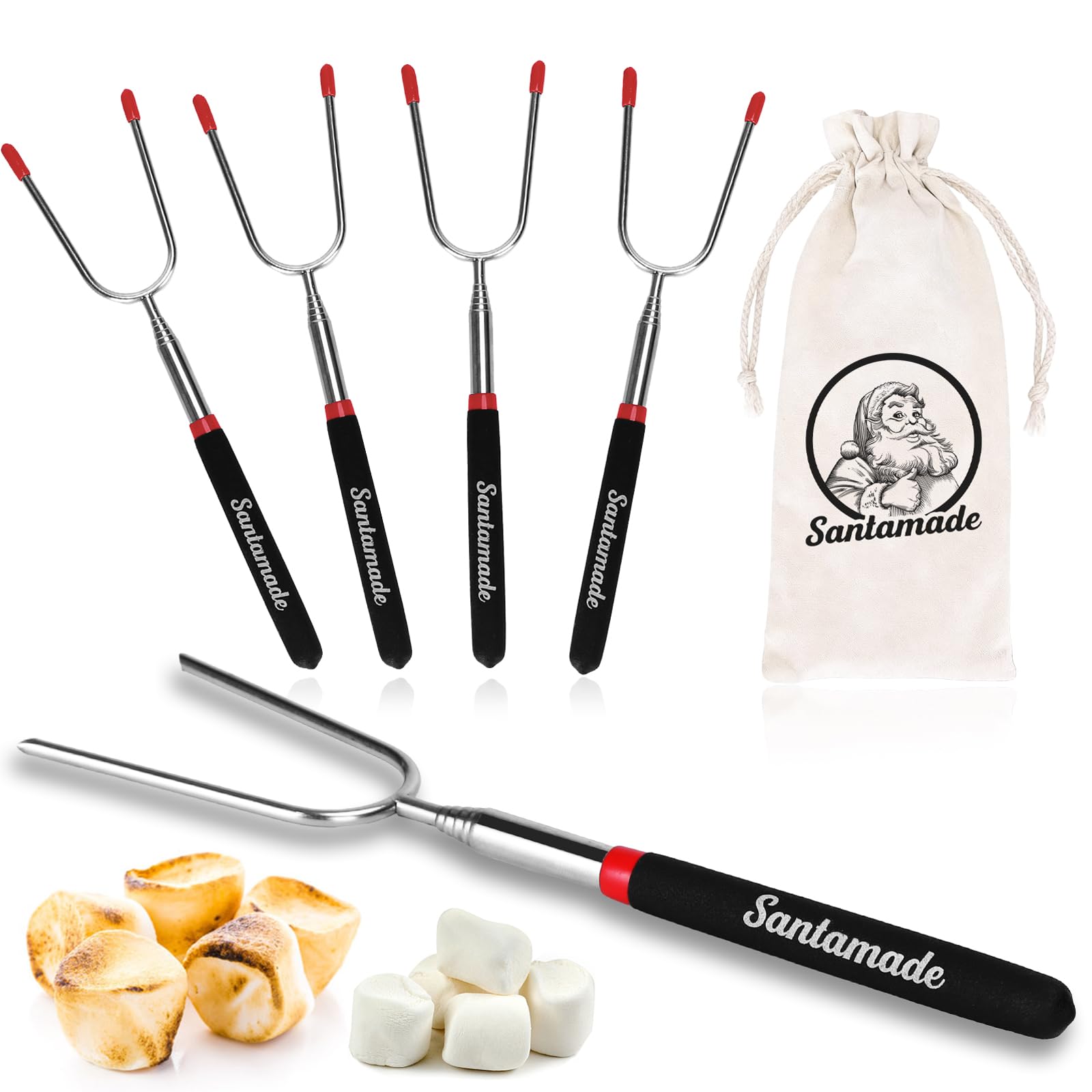Marshmallow Roasting Sticks Set of 5 -Telescoping Long Smores Sticks for Fire Pit, Hot Dog Sticks for Campfire Grill Bonfire Party Supplies -With Santa Storage Sack