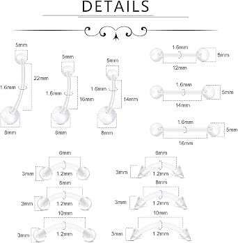 Longita 52pcs UV Clear Piercing Retainer Set Invisible Nose/Lip/Belly Bar/Ear Jewelry Bioflex Hypoallergenic
