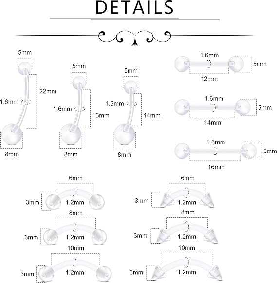 Longita 52pcs UV Clear Piercing Retainer Set Invisible Nose/Lip/Belly Bar/Ear Jewelry Bioflex Hypoallergenic