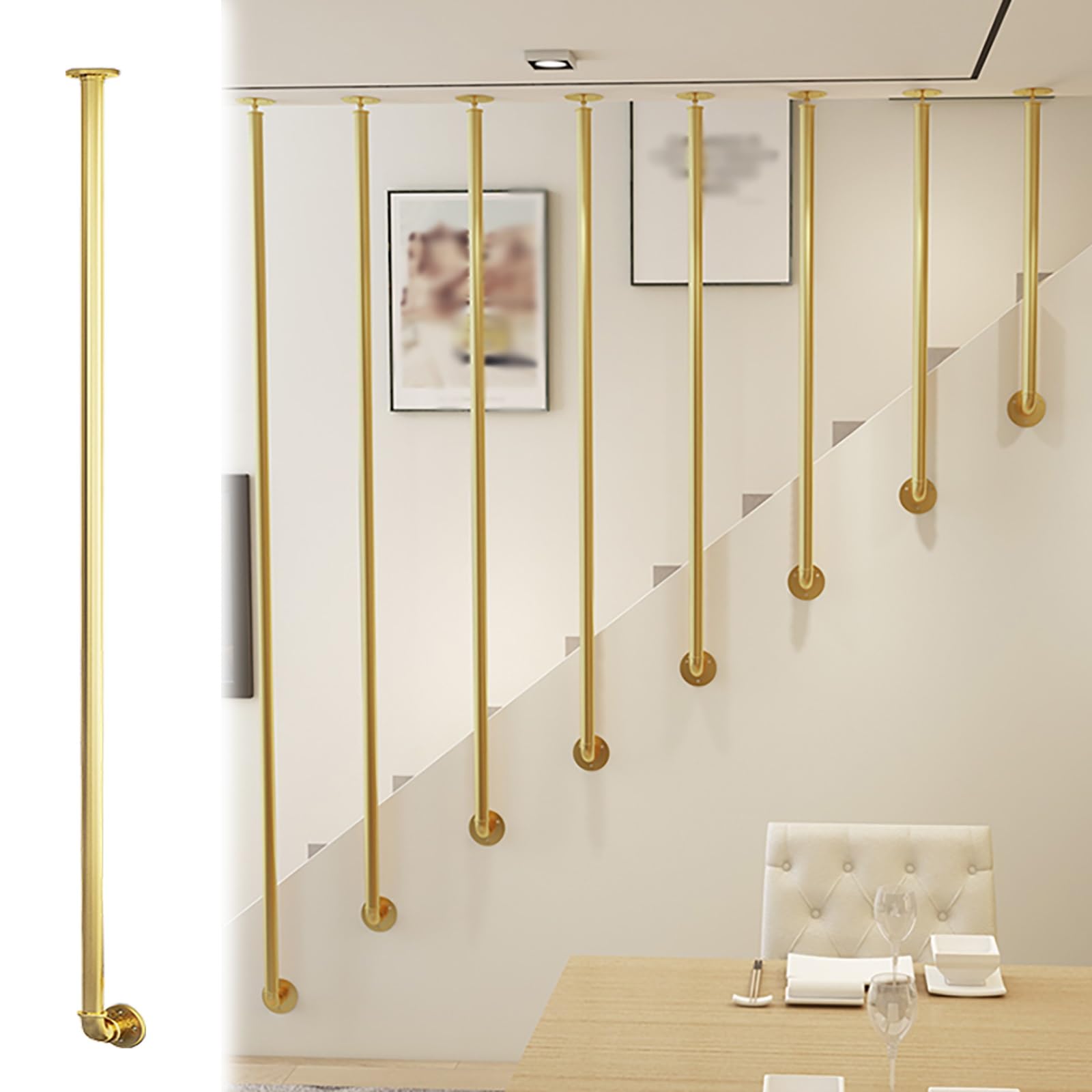 Poteau de rampe d'escalier rond doré – Colonne d'intérieur pour plafond et sol – Poteau décoratif pour sécurité d'escalier et protection contre les chutes (H 40 cm)