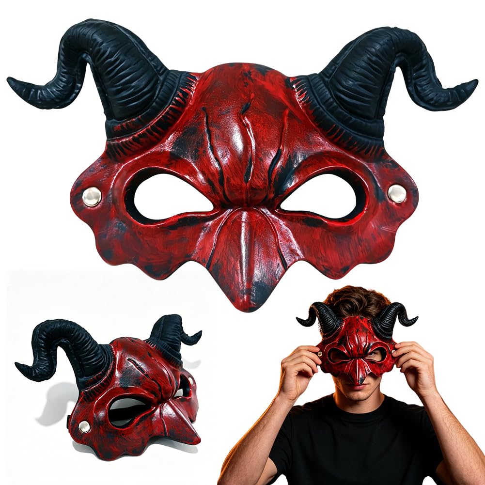 HATFRYF Halloween Half Face Demon Mask, Scary Devil Mask with Ram Horns, for Cosplay Masquerade Costume Party Accessories Ghost MaskCreepy MaskDevil Costume ﻿