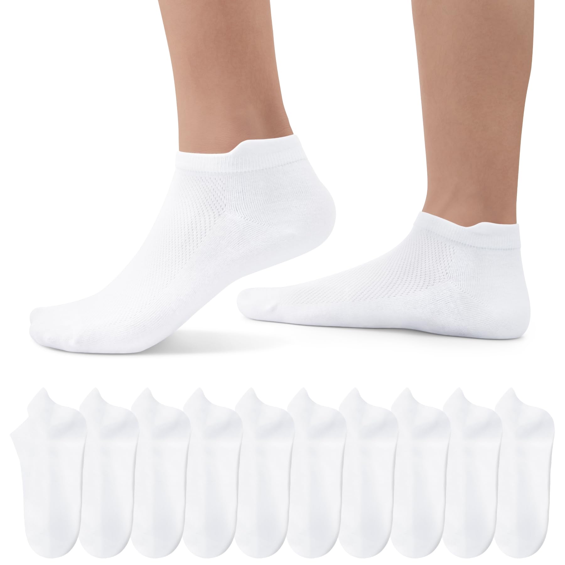 EKSHER 10 Paar Unisex Plain Sneaker Socken mit Gepolstert, Kurze Halbsocken Quarter Baumwolle Net Atmungsaktive Schwarz Weiß