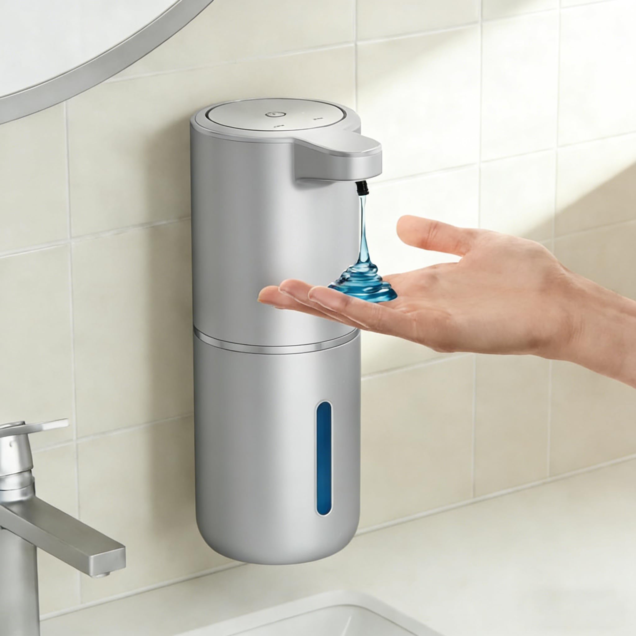 Fantictas Seifenspender Automatisch Wandbefestigung mit Sensor Infrarot,380ml Elektrischer Seifenspender ohne Bohren mit USB Wiederaufladbar,IPX5 Silber Plastik (Nicht strapazierloser Stahl)