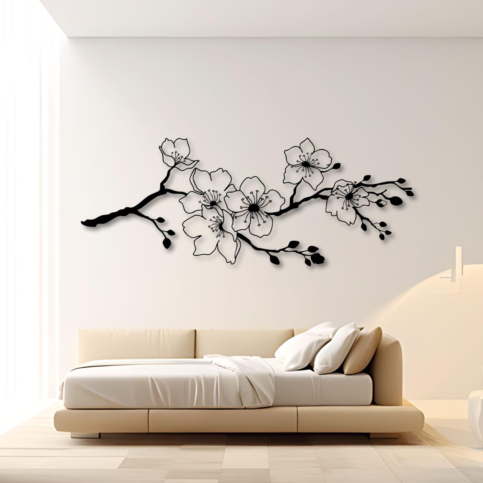 Decorazione murale in Metallo con Fiori di ciliegio Sakura, Arte Moderna Giapponese in Metallo, Scultura Moderna con Fiori di ciliegio Sakura per Soggiorno, corridoio e Scale (Bianco 41" Lx16