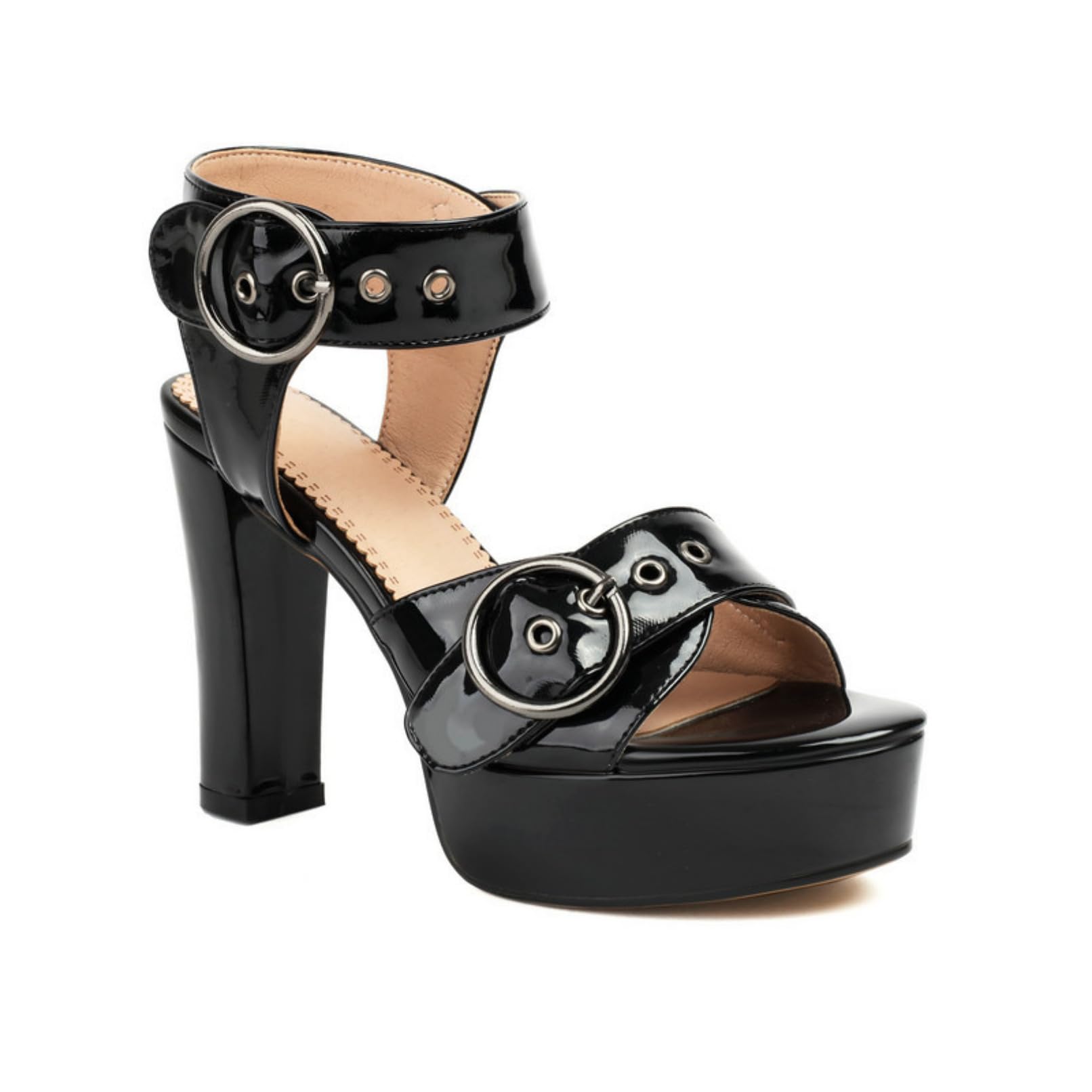 Sandalias De Plataforma De Charol para Mujer Tacón Alto Grueso Fiesta De Graduación Zapatos Peep Toe Sandalias De Verano con Hebilla
