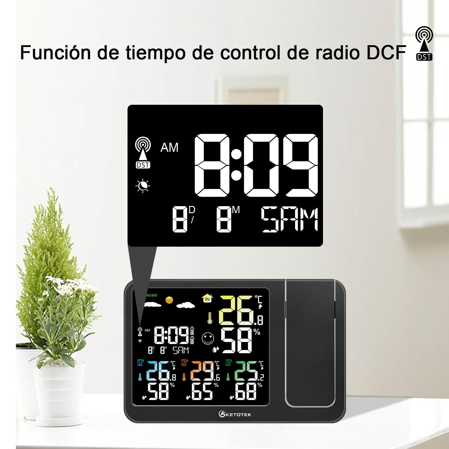 KETOTEK Despertador digital de radio con proyección estación meteorológica | termómetro interior y exterior, higrómetro, monitor de temperatura y humedad, previsión meteorológica con 3 sensores