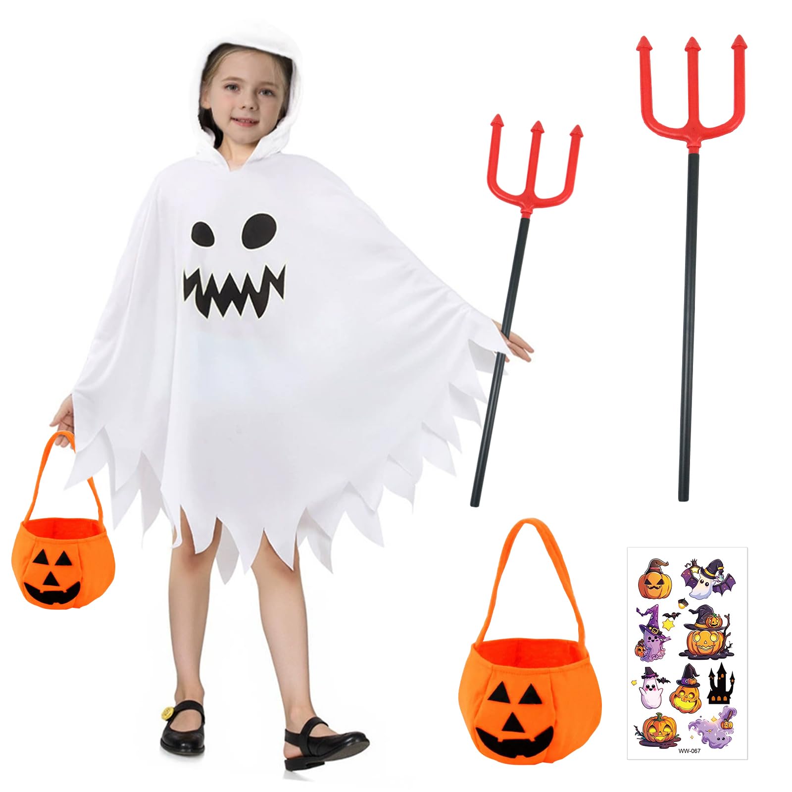 Satar Refes Halloween Ghost Costume for Kids Ghost Costume Kids Fancy Dress with Pumpkin Candy Bag Cloak Hooded Trident Scary Ghost Face Cape Costumes for Kids Boys Girls Halloween Carnival Cosplay