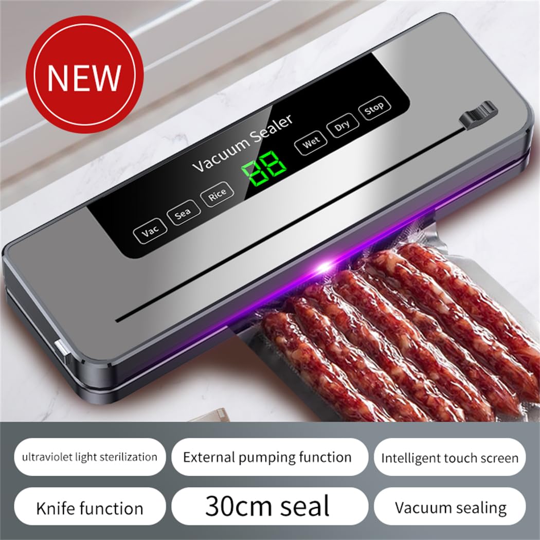 Selladora al vacío de Alimentos Multifuncional de 65 kPa con rebanadora, selladora de 30 mm de Longitud para conservación de Alimentos Secos y húmedos, con 10 Bolsas de vacío y Manguera (Plateada).