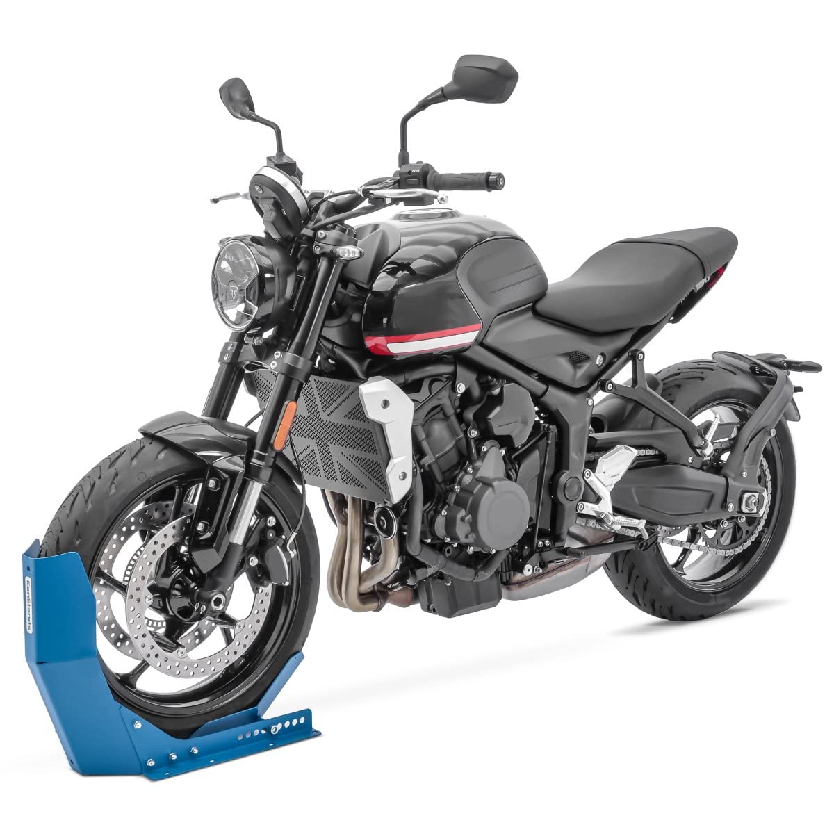 ConStands Easy Transport Fix - Motorrad Wippe Royal Enfield Bullet,Classic 500,Continental GT 535,Himalayan für Anhänger Vorderrad Transportständer Motocross Roller Blau