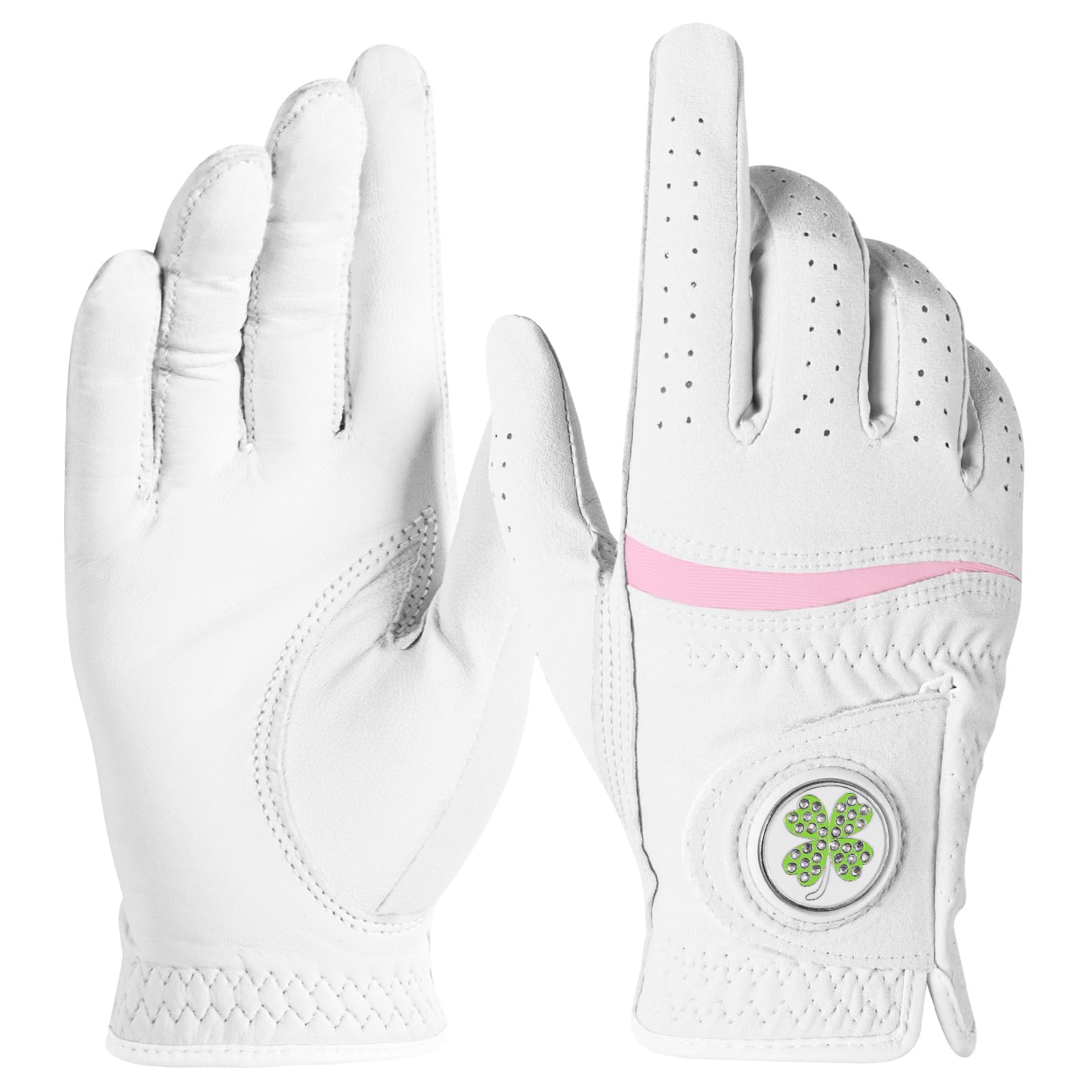 Womens Golf Glove with Clover Ball Marker 1 Pack, All Weather Grip Microfiber & Leather Gloves for Ladies, Comfortable Breathable Fit for Left Hand or