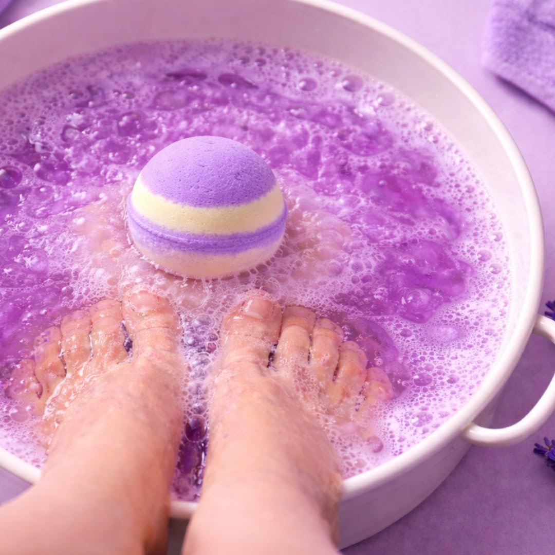 NIKSON Bath Bomb Set of 4, Double Layer Purple & Cream, Lavender Fragrance, Fizzing Foot Soak for Pedicure, Manicure and Bathtub-image-33