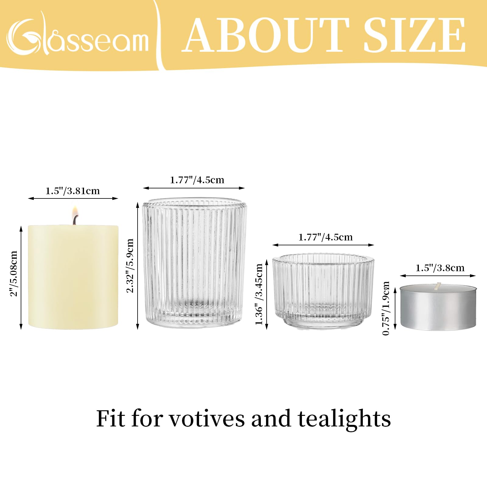 Glass Votive Tealight Candle Holder: Glasseam Small Clear Tea Light Holders Set of 8 Decorative Ribbed Tea Lights Holder for Table Centerpiece Wedding Christmas Dining Room Decor