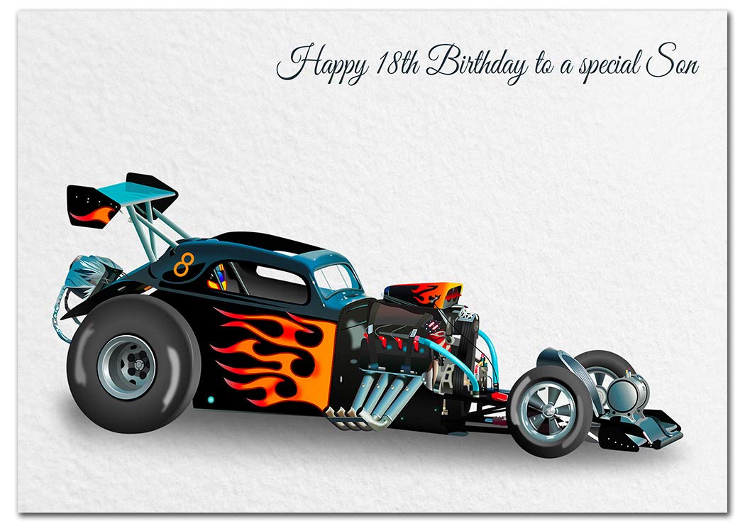 Extra Large Son 18th Birthday Card - XL Big thick A4 size - Cool Classic Dragster Racing Car Art - Special Age Year Traditional Greeting - Huge Happy Wishes Him Men Male - UK Eco-Friendly