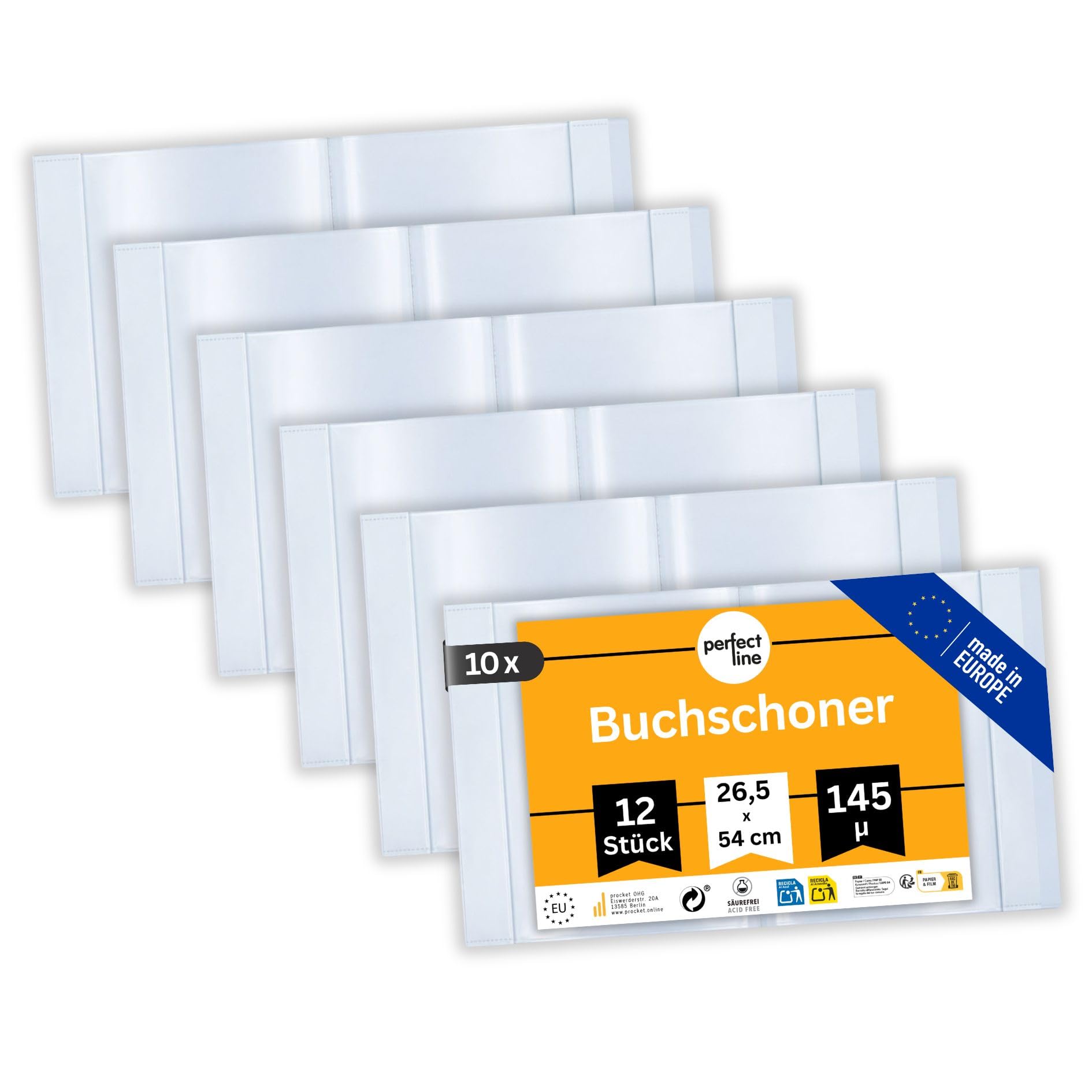perfect line 120 x Buchumschlag Höhe 26,5 cm (265 mm) x Breite bis 54 cm, Schulbuch-Hülle Extra-Stabil, Buchschoner Glas-Klar, Sparpack (10 Sets á 12 Stk.)