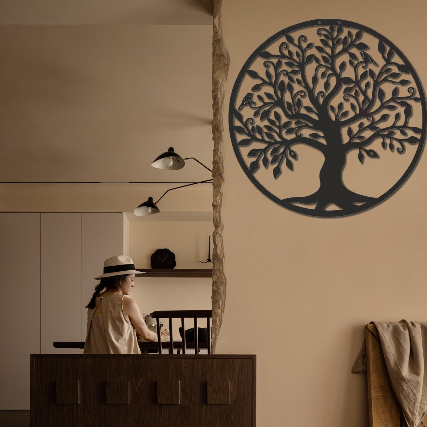 Yuzhuo Metalen levensboom wanddecoratie silhouet kunst voor cadeau cadeau binnen buiten tuin woondecoratie (zwart, 28 x 28 cm