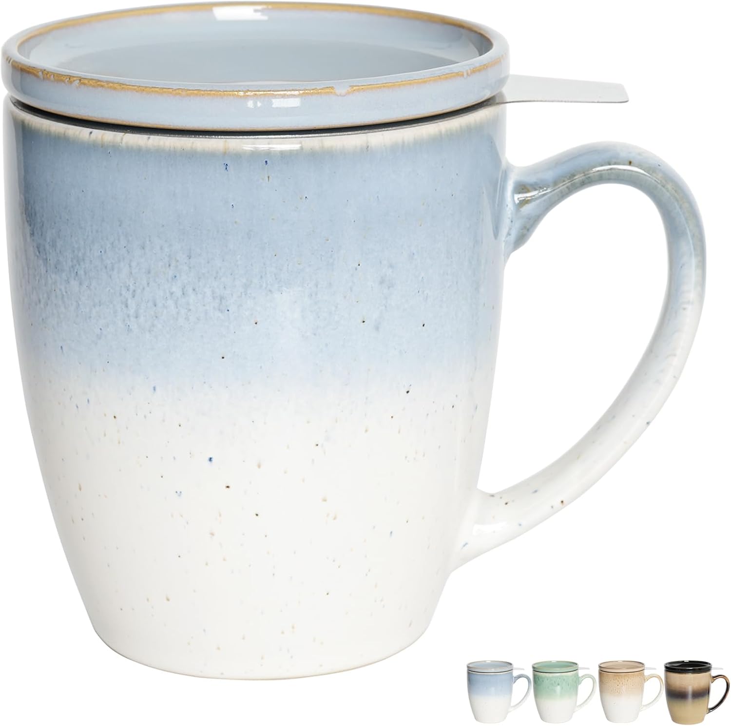 Bosmarlin Ceramic Tea Cup with Infuser and Lid, 16 Oz, 4 Color to Choose Dishwasher and Microwave Safe, Gradient Color Glaze, Steeping Tea Mug with Strainer (Blue)