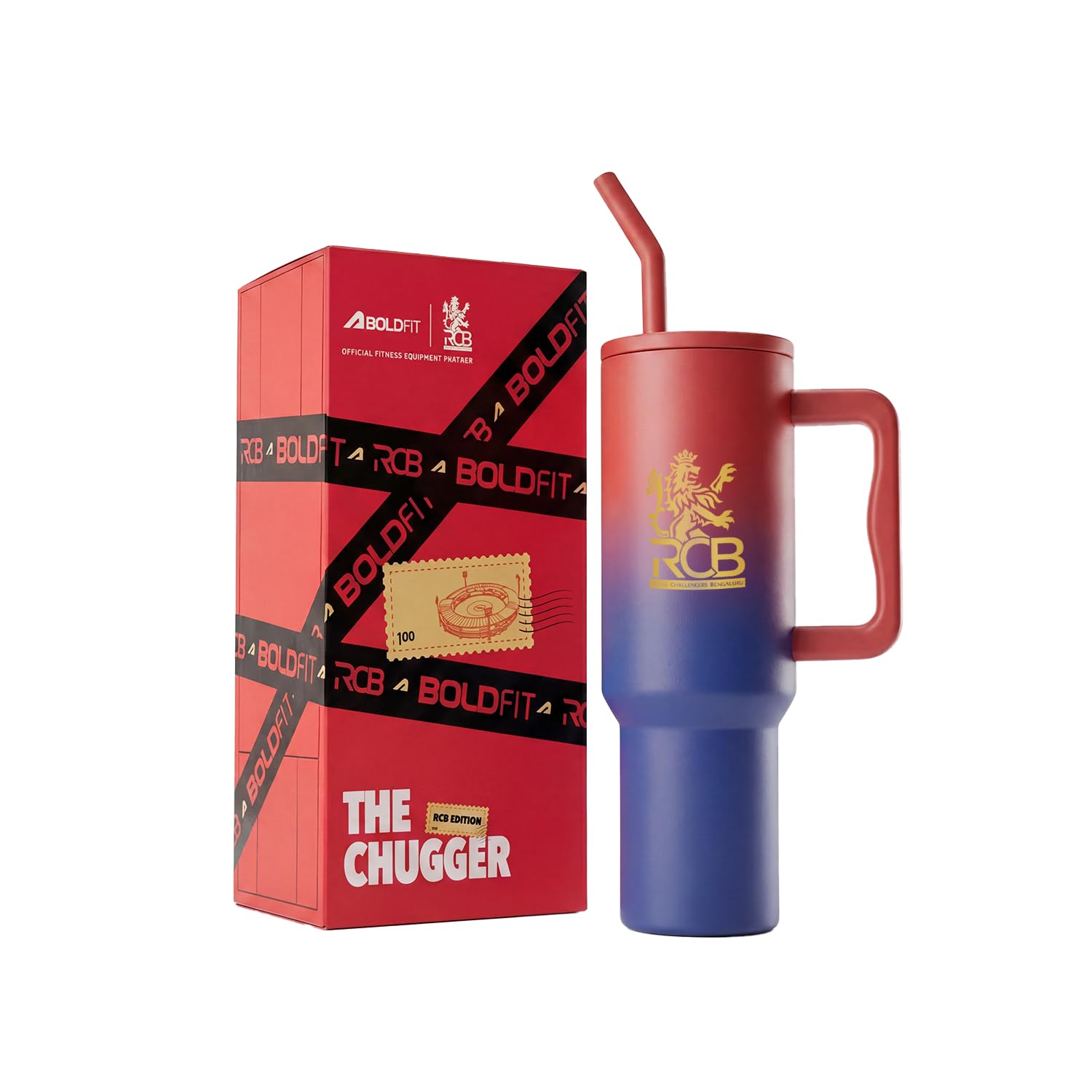 Boldfit X Royal Challengers Bengaluru RCB Official Merchandise Tumbler Bottle Stainless Steel Chugger Leakproof Insulated Travel Mug Hot & Cold Water Bottle with Straw & Cleaning Brush Red Blue 1200ml