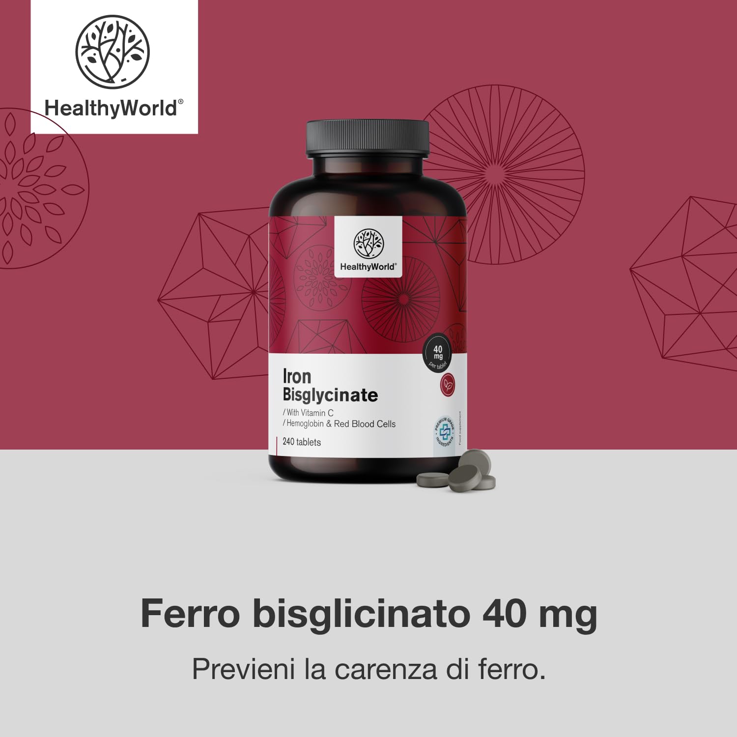 HealthyWorld® Ferro Bisglicinato 40 mg - Con Vitamina C - 240 Compresse - Fornitura per 8 mesi - Senza OGM e senza Coloranti Artificiali - 40 mg di Ferro, 40 mg di Vitamina C - La Massima Qualità