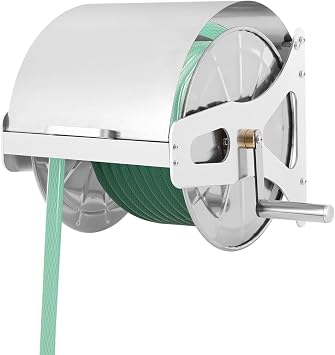 Heavy Duty Metal Garden Hose Reel, Stainless Steel Metal Heavy Duty Hose Reel with Handle, 164FT Pressure Washer Hose Reel, Manual Crank w/Swivel Arm, 0.63" Hose Holder Wall Mount for Outdoor Watering