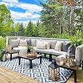 Sophia & William 6 Pieces Outdoor Patio Furniture Set, Metal Sectional Sofa Set Patio Conversation Set with Cushions-2 x Single Sofa with Side Table,2 x Single Sofa,1 x 2-Seat Sofa,1 x Tea Table