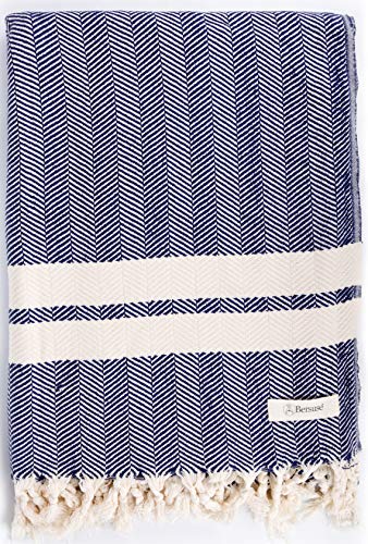 Bersuse 100% Cotton Herringbone Xl Throw Blanket Turkish Towel - 63X94 Inches, Dark Blue #TOP8