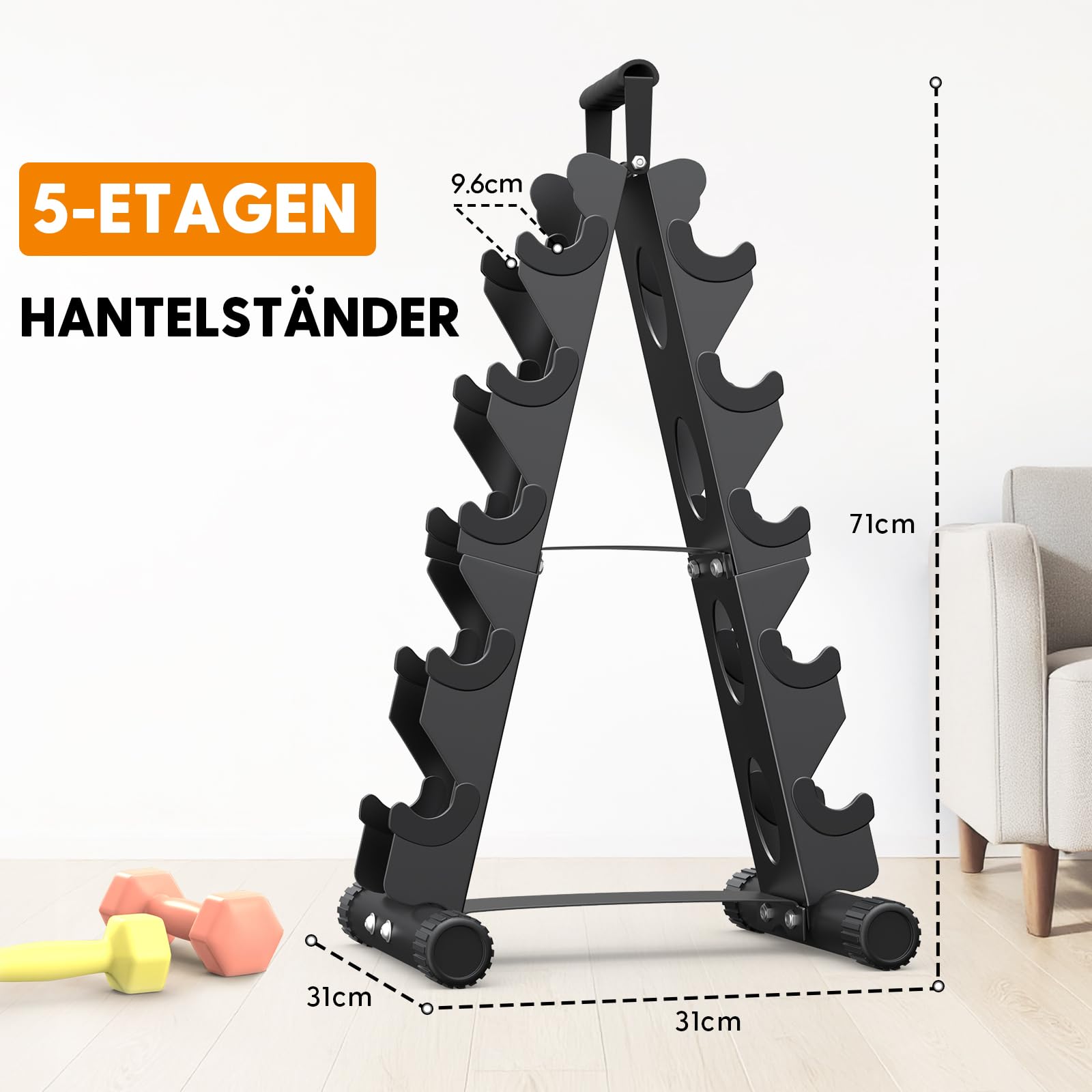 5-Etagen Hantelständer aus Metall, A-Rahmen Design mit Griff, Platzsparendes Fitness-Rack für Home-Gym (Hanteln separat erhältlich)