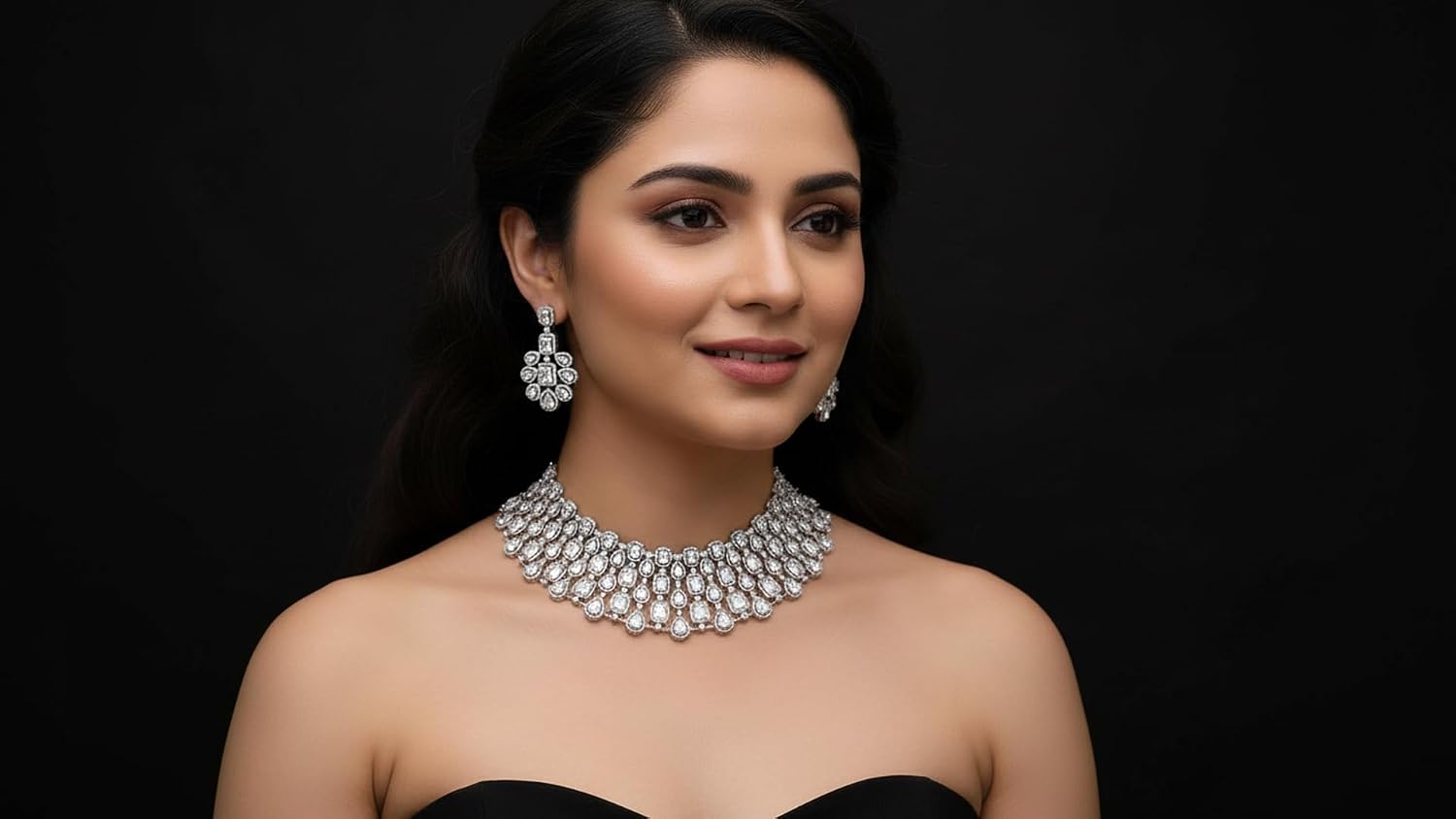 Silver Tone Statement Choker Necklace Set for Women with Matching Drop Earrings Crystal Collar Jewelry Wedding Bridal Party Gala Gift for Her