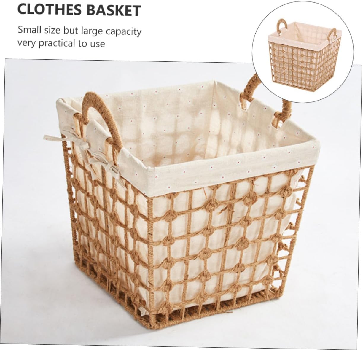 Vintage Style Woven Laundry Container with Handle Small Square Rope Basket for Dirty Clothes Practical Storage Organizer for Bathroom Bedroom Space-saving Laundry Basket