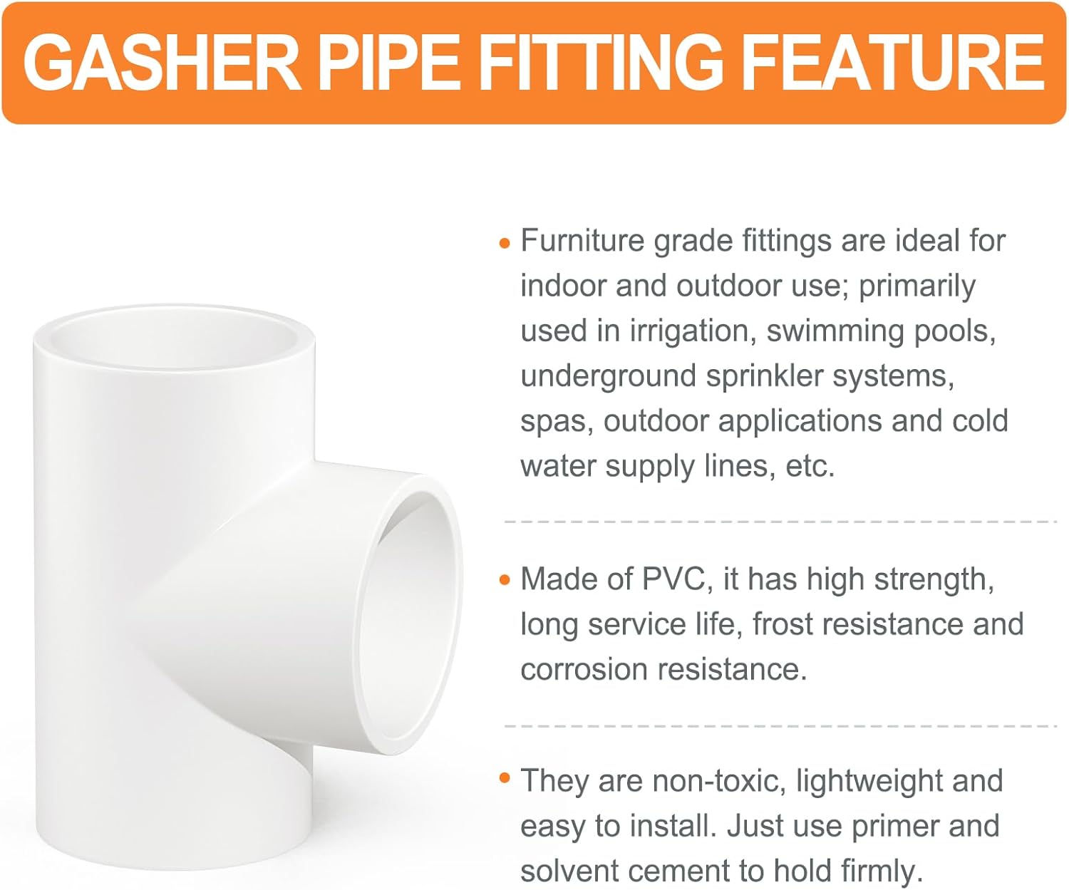 GASHER 8PCS PVC Pipe Fitting 2" PVC 3 Way Tee Furniture Grade Pipe Socket Fittings, For Home or Industrial