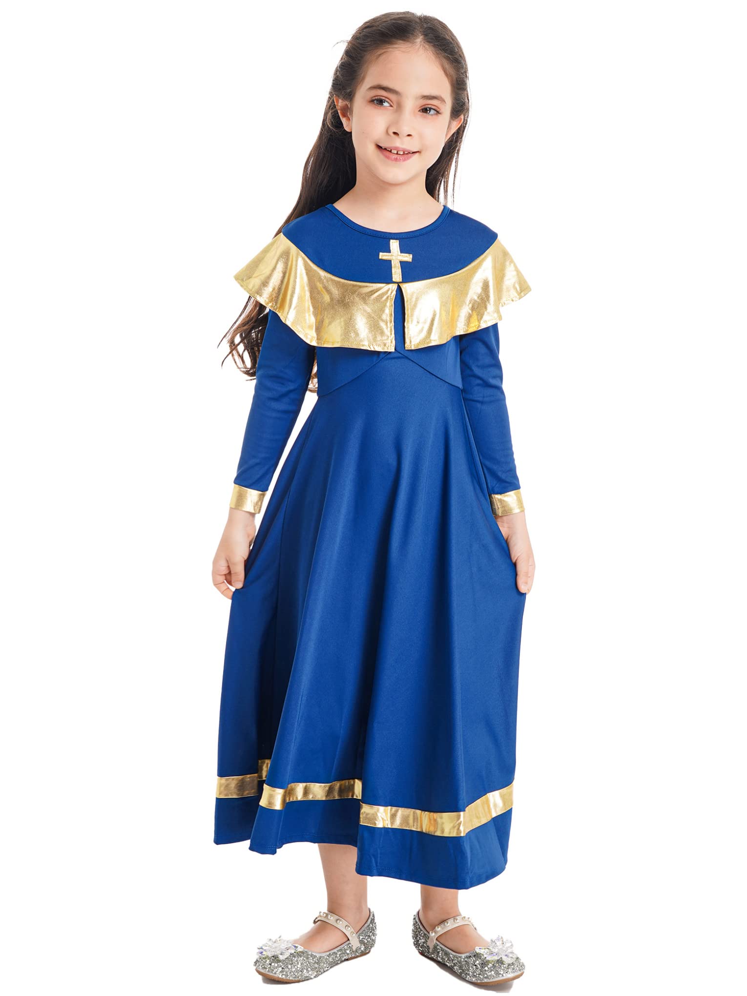 JanJean Kids Girls Metallic Long Sleeve Praise Dance Dress Liturgical Loose Full Length Worship Costume Lyrical Dancewear Royal Blue 4 Years